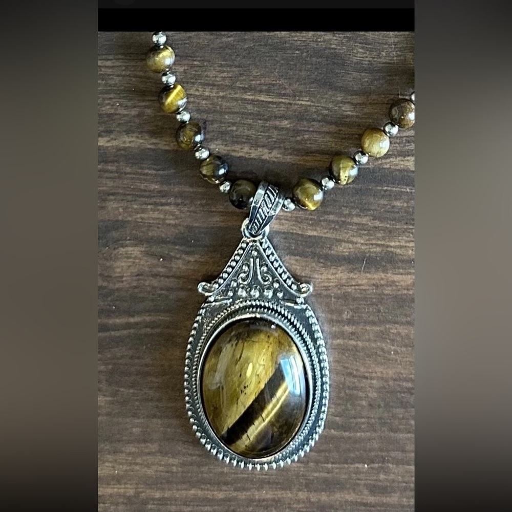Tiger's Eye Beaded Necklace with Ornate Pendant